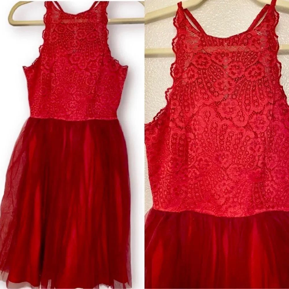 Red Formal dress gown lace halter top tulle skater tutu skirt fit and flair -S